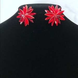 Bright Red Crystal Floral Burst Earrings